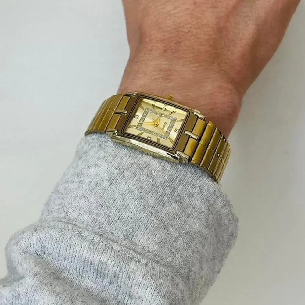 Y2K 2000s Gold Rectangle Quartz Watch Unisex Luxury Style 8.5” New